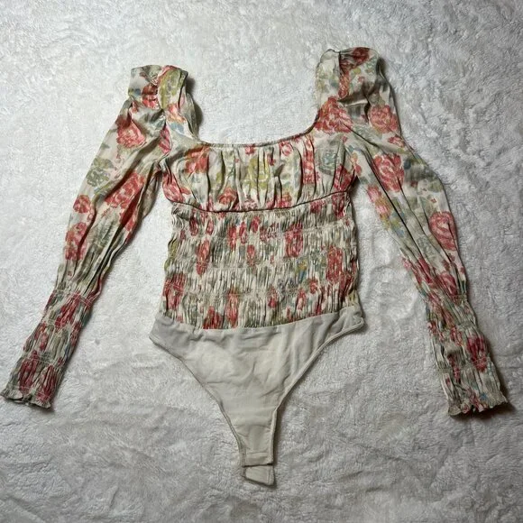 Free People Intimately Floral Smocked Puff Sleeve Bodysuit – Women’s‎ S NWT